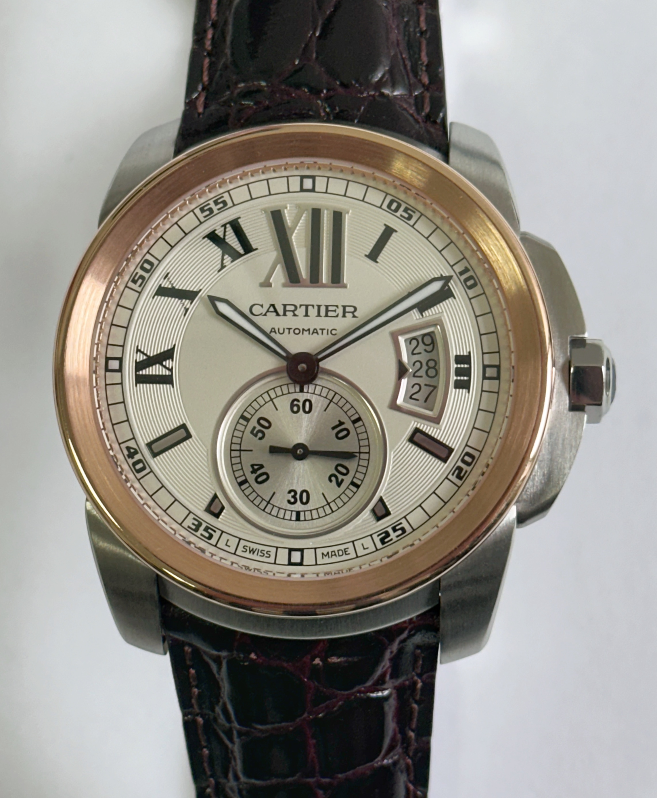 CARTIER CALIBRE DE CARTIER 3389 STEEL & ROSE GOLD LEATHER STRAP